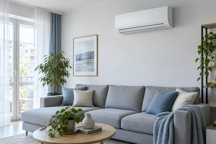 Climatizare in spatii: split mural alb intr-un living luminos cu canapea gri
