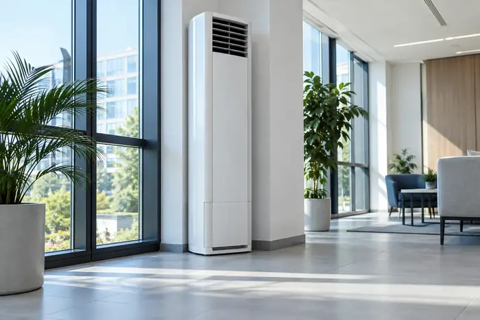 Climatizare in spatii: aparat tip coloana de podea intr-un hol de birouri