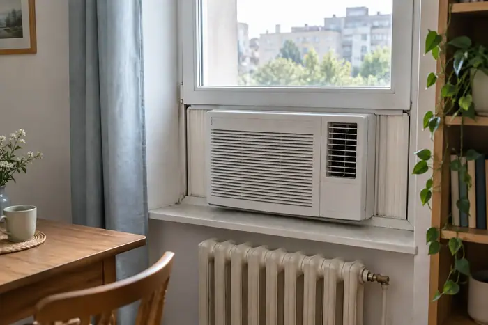 Climatizare in spatii: aparat de fereastra montat intr-o bucatarie