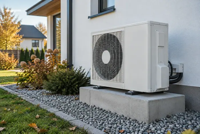 Unitate exterioara: unitate exterioara pe soclu de beton langa o casa