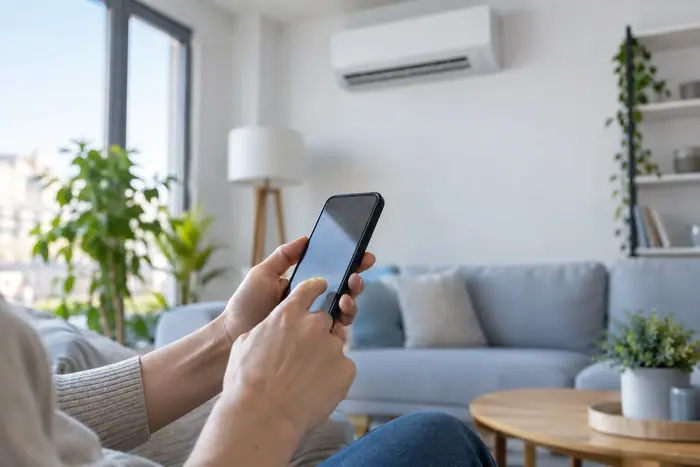 Interventie la firma: mana cu telefon mobil in living, split pe perete
