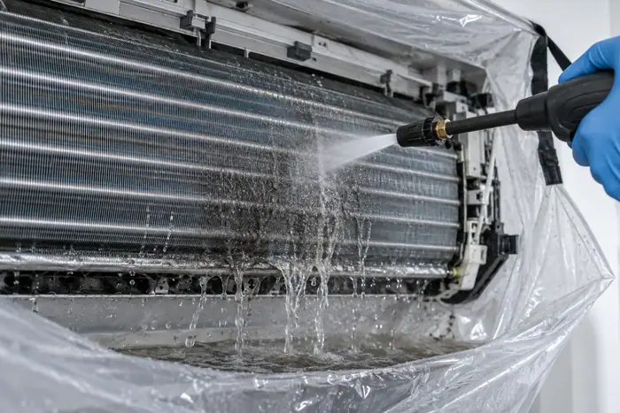 Curatare sub husa: spalare evaporator cu jet, apa colectata in husa