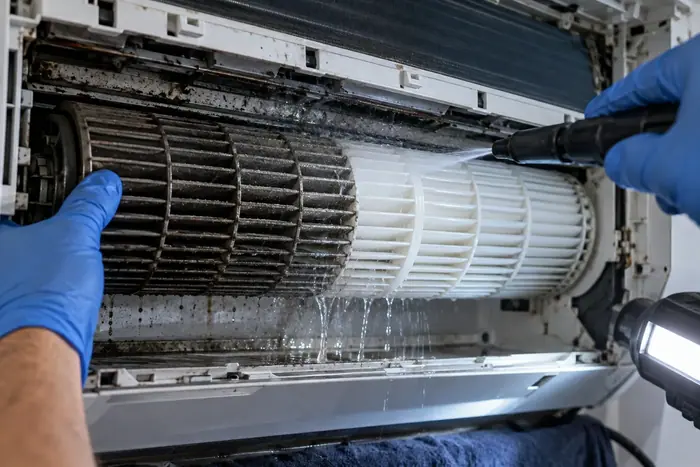 Curatare sub husa: detaliu turbina pe jumatate curatata, jet de apa