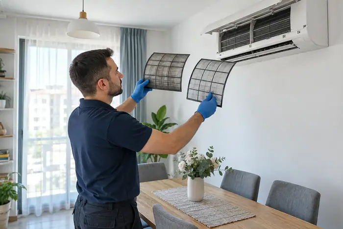 Filtre si schimbator: tehnician tine un filtru scos, in sufragerie