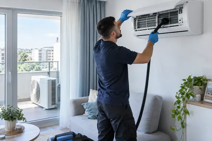 Curatare sub husa: tehnician spala splitul langa usa de balcon