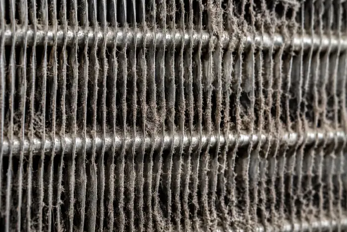 Curatare sub husa: lamele de evaporator acoperite de praf, macro