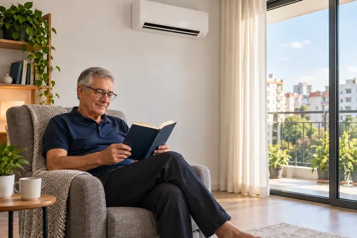 Climatizare in spatii: barbat in varsta citind in fotoliu, split pe perete