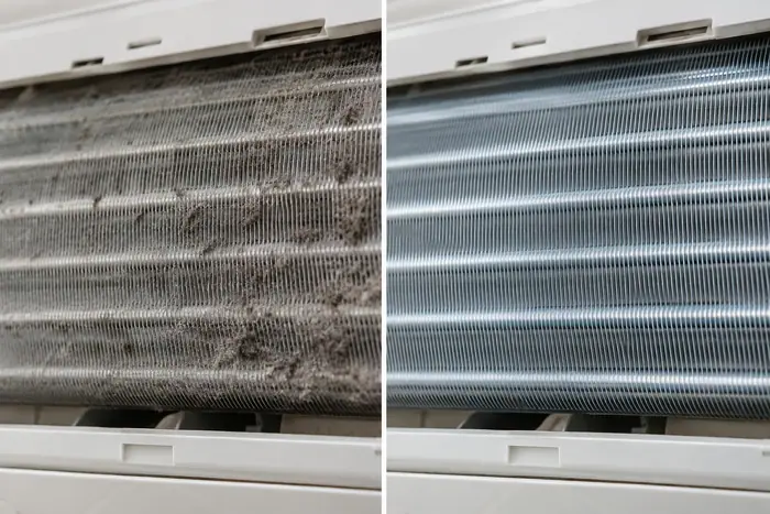 Curatare sub husa: evaporator inainte si dupa, doua cadre