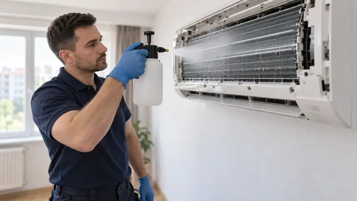 Igienizare in spatii comerciale: tehnician pulverizeaza solutie pe evaporator