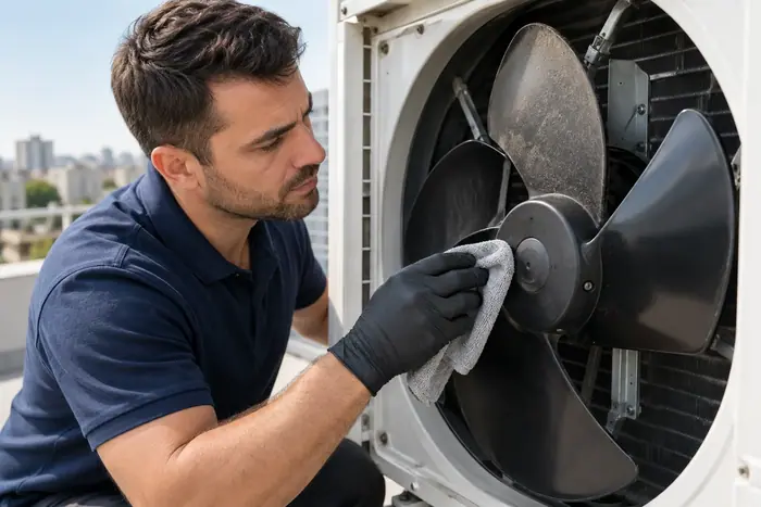 Curatare sub husa: tehnician sterge paletele ventilatorului exterior