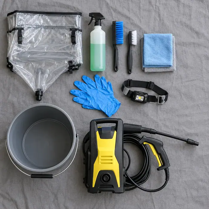 Interventie la firma: kit de curatare pe masa: husa, pulverizator, perii, manusi, aparat de presiune