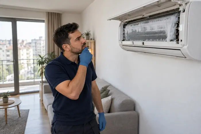 Revizie pe contract: tehnician priveste evaporatorul deschis, ganditor