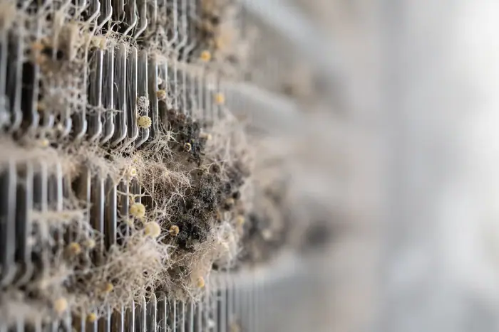 Igienizare in spatii comerciale: mucegai pe lamelele evaporatorului, macro