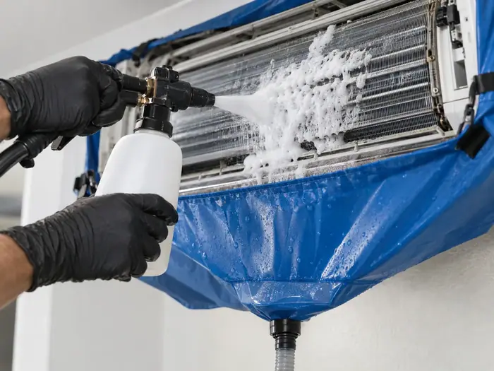 Igienizare in spatii comerciale: pulverizare spuma pe evaporator in husa albastra, prim-plan