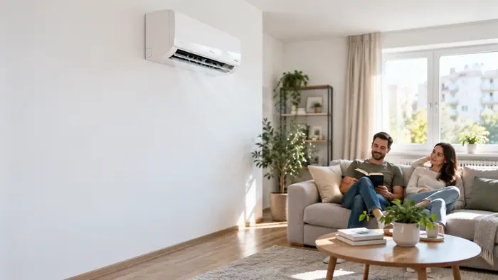 Climatizare in spatii: cuplu pe canapea sub split