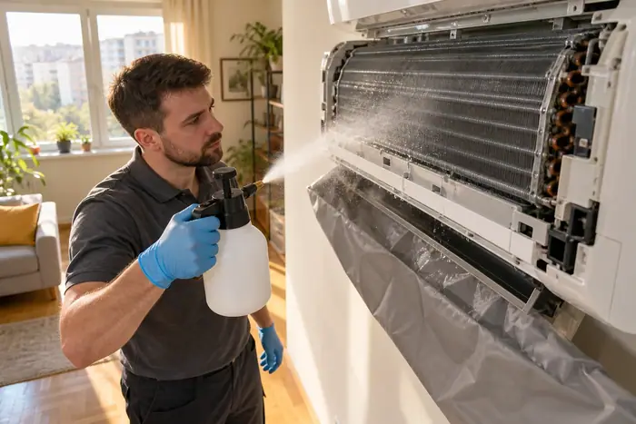 Igienizare in spatii comerciale: tehnician pulverizeaza solutie pe evaporator, prim-plan