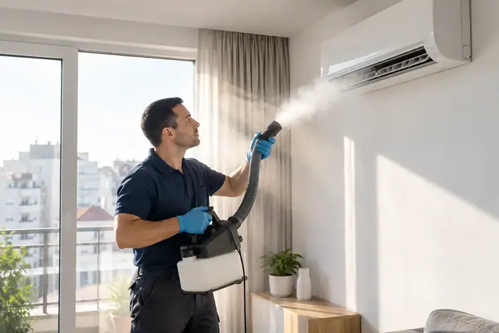 Igienizare in spatii comerciale: tehnician pulverizeaza solutie pe split