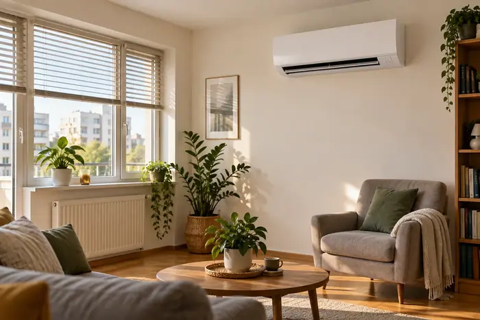 Climatizare in spatii: living cu split si multe plante