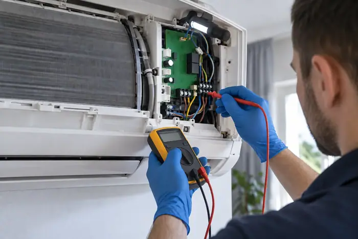 Revizie pe contract: tehnician masoara la placa electronica a splitului