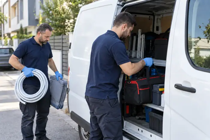 Interventie la firma: doi tehnicieni descarca teava si geanta din duba