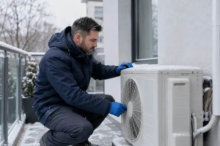 Unitate exterioara: tehnician la unitate exterioara iarna, zapada