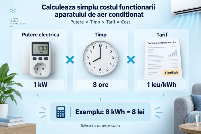 Climatizare in spatii: exemplu de calcul al consumului: 1 kW timp de 8 ore inseamna 8 kWh