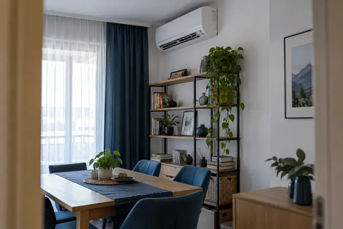 Climatizare in spatii: cadru larg care arata mobilierul de sub aparat