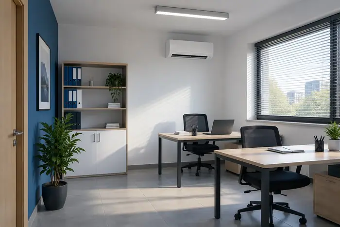 Climatizare in spatii: aparat intr-un mic birou cu acces de lucru