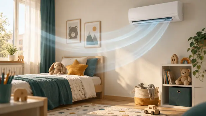 Climatizare in spatii: dimineata linistita intr-o camera de copil cu aer conditionat