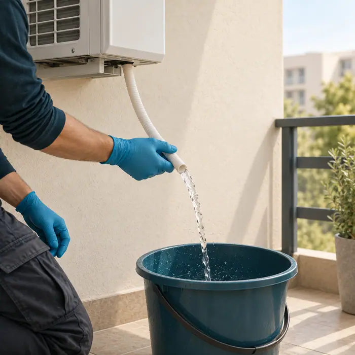 Curatare sub husa: balcony condensate draining into bucket