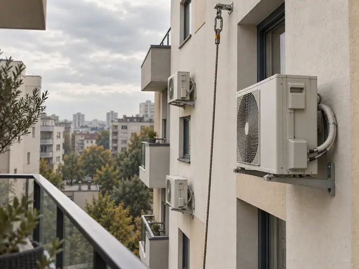 Unitate exterioara: fatada de bloc cu unitati exterioare de aer conditionat