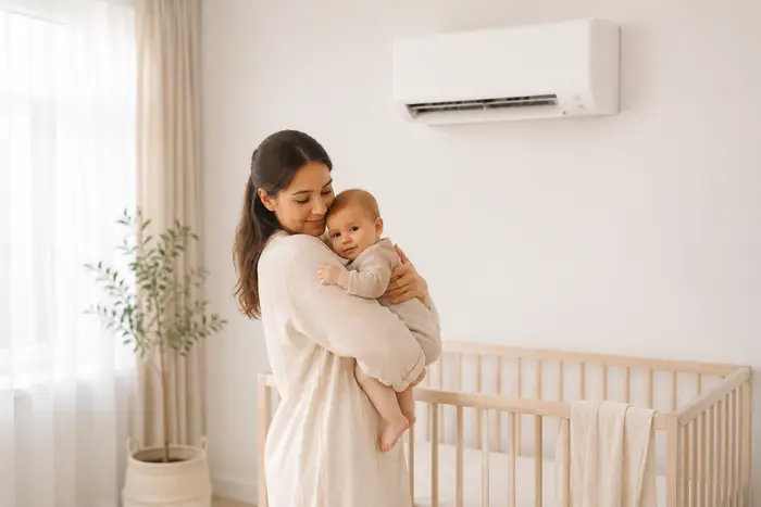 Climatizare in spatii: mama si bebelus in camera luminoasa