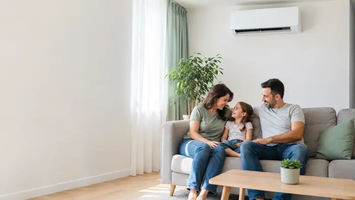 Climatizare in spatii: familie relaxata intr-un living racoros