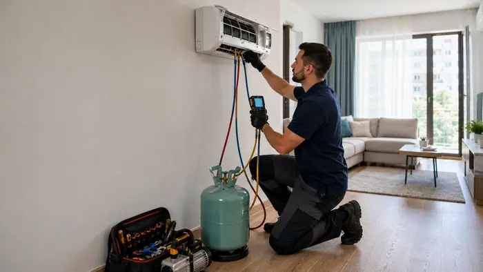 Climatizare in spatii: tehnician la aparatul de aer conditionat dintr-o locuinta