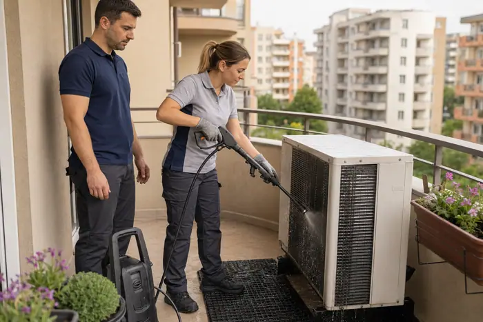 Curatare sub husa: curatarea unitatii exterioare pe un balcon din Bucuresti