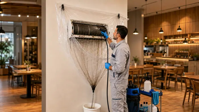 Curatare sub husa: curatarea unui aparat de aer conditionat intr-o cafenea