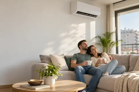 Familie relaxata sub aparatul de aer conditionat curat