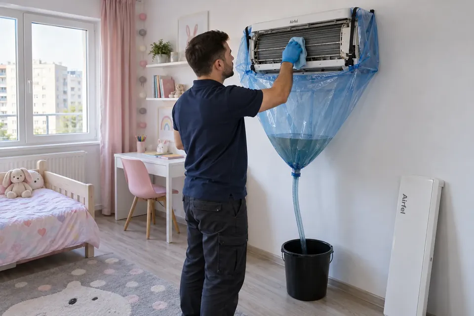 Curatarea unui aparat de aer conditionat Airfel cu husa si sac de colectare, in Bucuresti