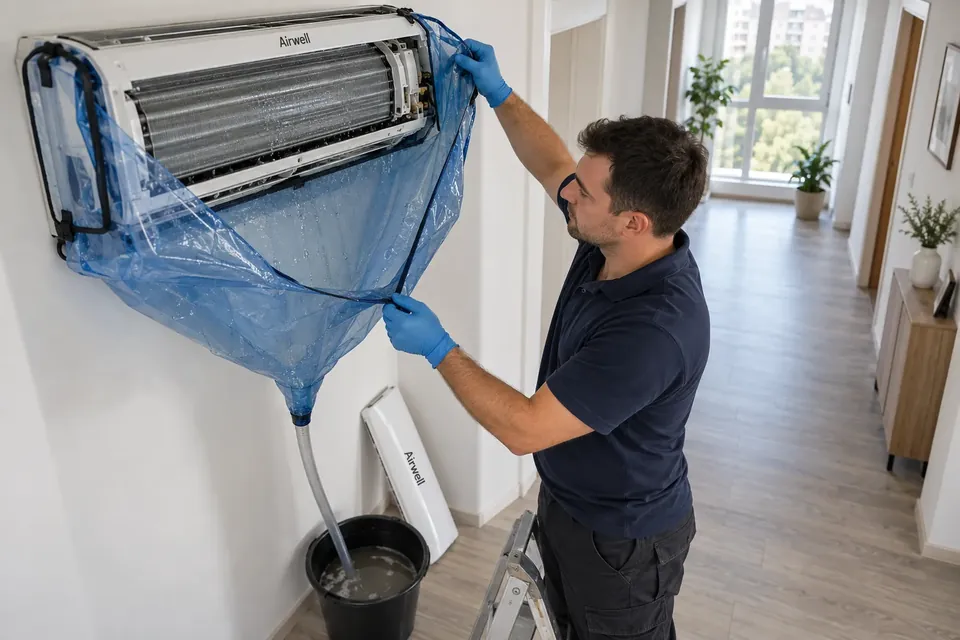 Curatarea unui aparat de aer conditionat Airwell cu husa si sac de colectare, in Bucuresti
