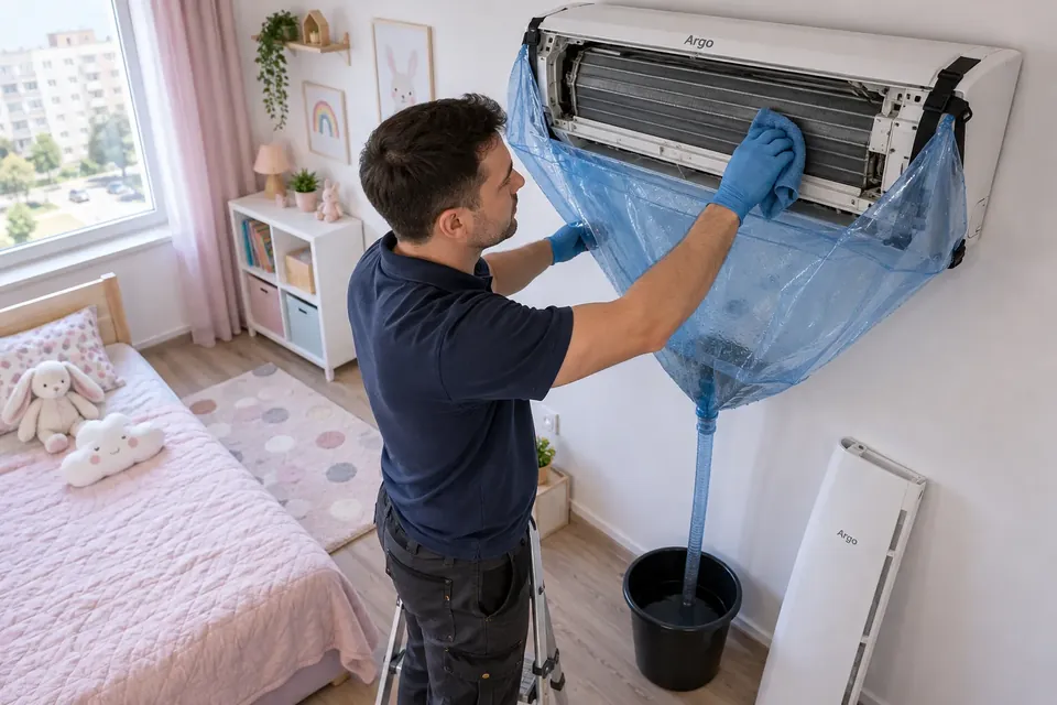 Curatarea unui aparat de aer conditionat Argo cu husa si sac de colectare, in Bucuresti