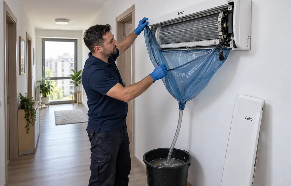 Curatarea unui aparat de aer conditionat Beko cu husa si sac de colectare, in Bucuresti