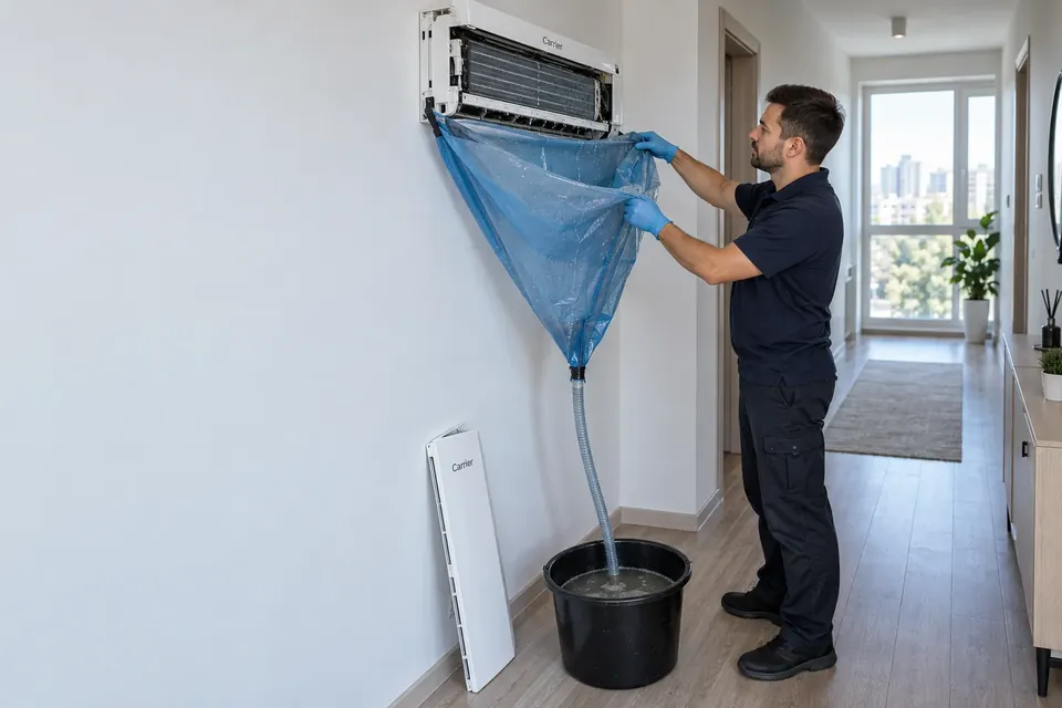 Curatarea unui aparat de aer conditionat Carrier cu husa si sac de colectare, in Bucuresti