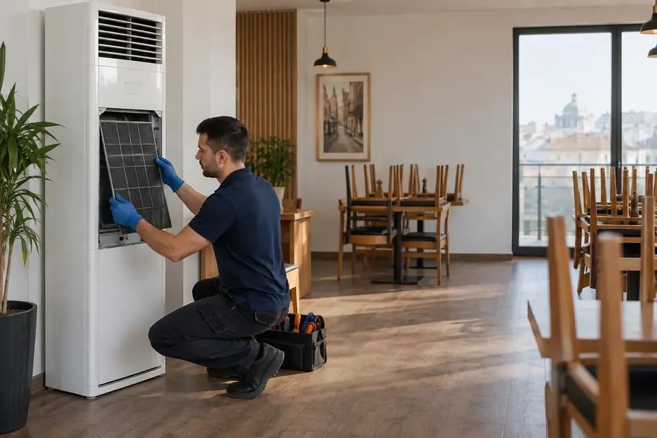 Curatarea unui aparat de aer conditionat tip coloana intr-un restaurant
