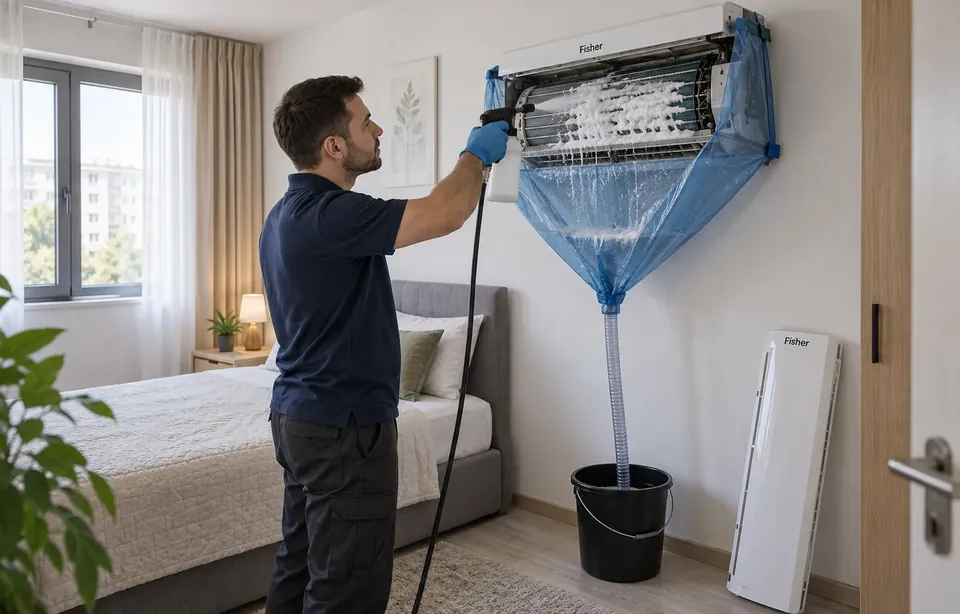Curatarea unui aparat de aer conditionat Fisher cu husa si sac de colectare, in Bucuresti