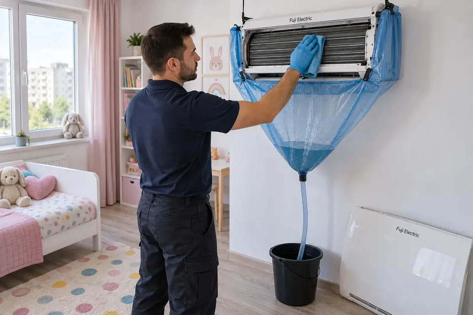 Curatarea unui aparat de aer conditionat Fuji Electric cu husa si sac de colectare, in Bucuresti