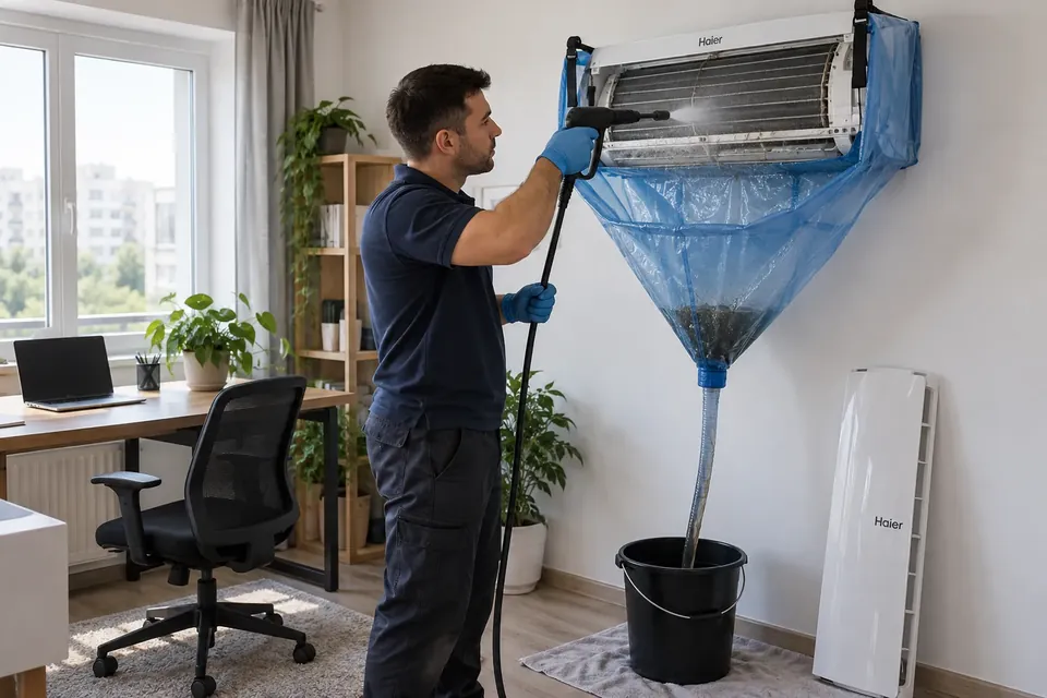 Curatarea unui aparat de aer conditionat Haier cu husa si sac de colectare, in Bucuresti