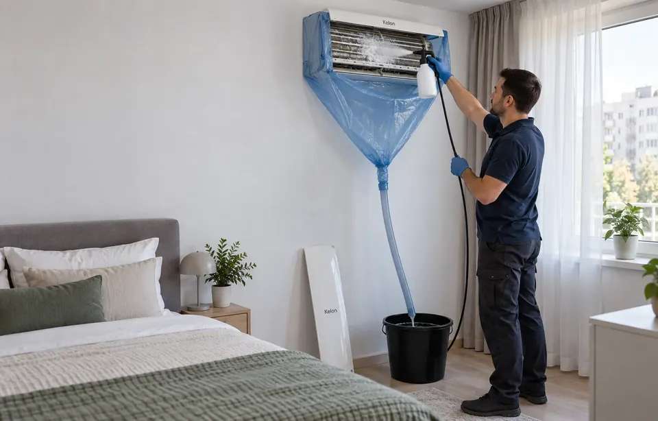 Curatarea unui aparat de aer conditionat Kelon cu husa si sac de colectare, in Bucuresti