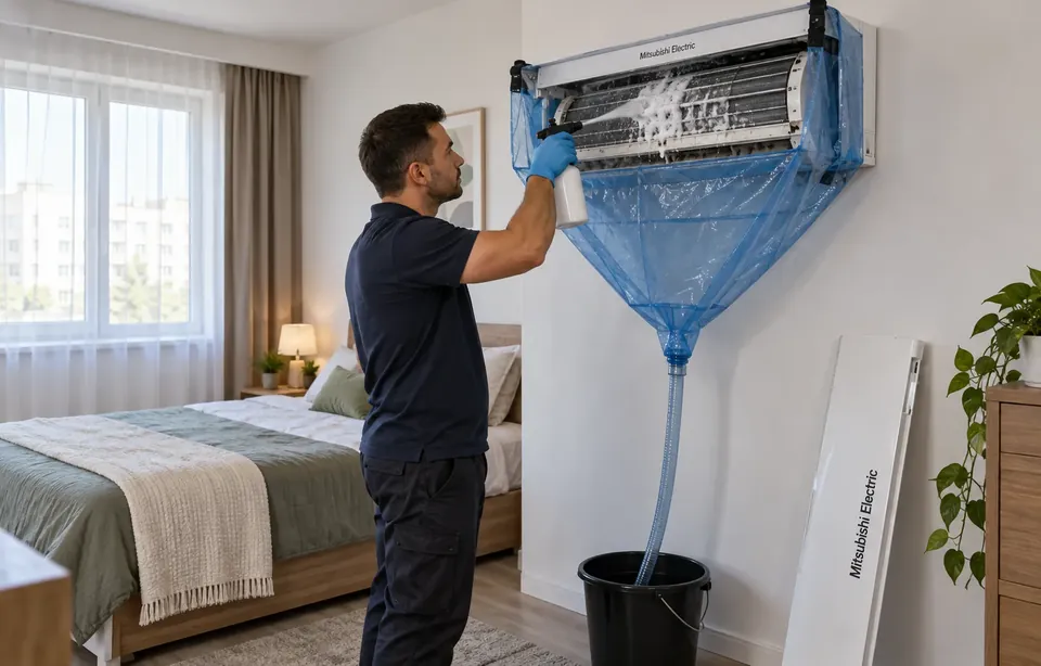 Curatarea unui aparat de aer conditionat Mitsubishi Electric cu husa si sac de colectare, in Bucuresti
