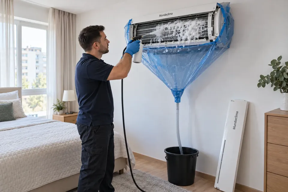 Curatarea unui aparat de aer conditionat Mundoclima cu husa si sac de colectare, in Bucuresti