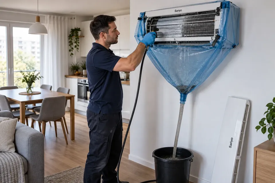 Curatarea unui aparat de aer conditionat Sanyo cu husa si sac de colectare, in Bucuresti
